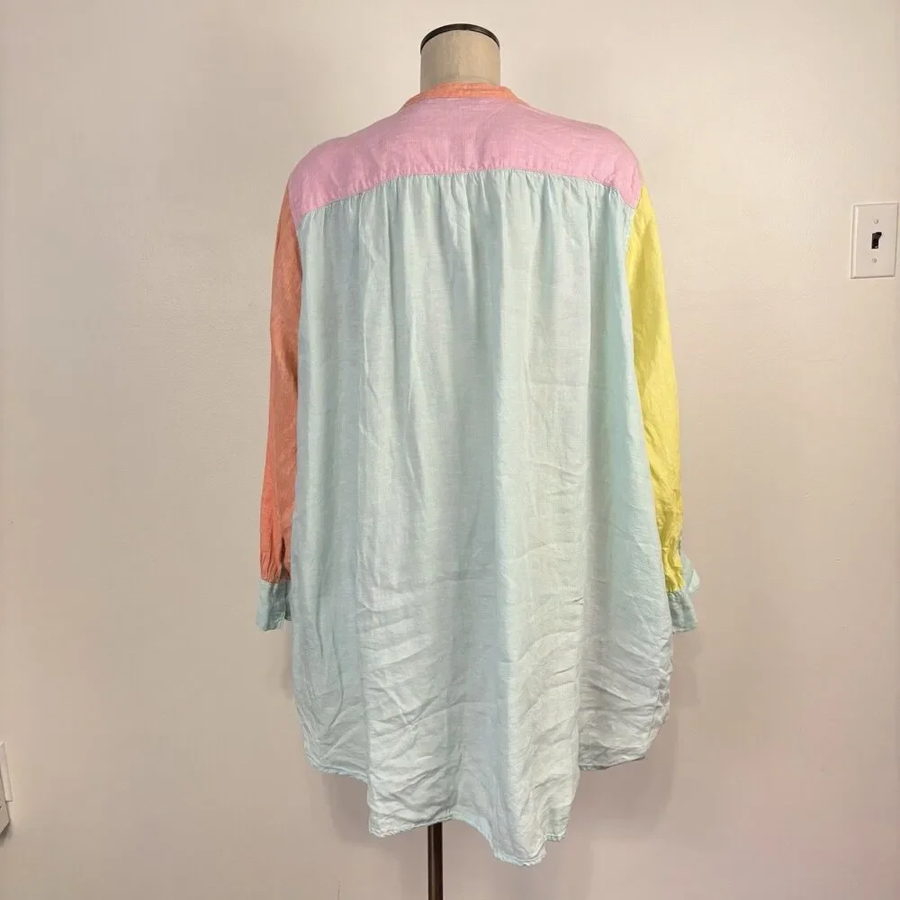 Lands' End Women's 2X Linen Pastel Multi Colorblock Long Sleeve Shirt Tunic - Picture 5 of 8